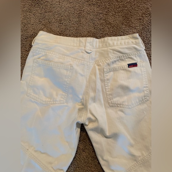 BCBG MaxAzria designer white / cream flared jeans w/buckle design size 6 Vintage - Picture 5 of 11